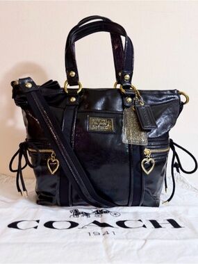 Coach Poppy Black Liquid Gloss Shoulder Bag w/ Glitter Tag & Dust Bag